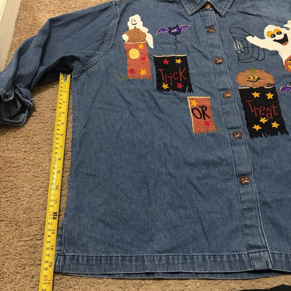 Tantrums Halloween Denim 3/4 Sleeve Size 2X Trick Or Treat Ghosts Vintage - Picture 7 of 8